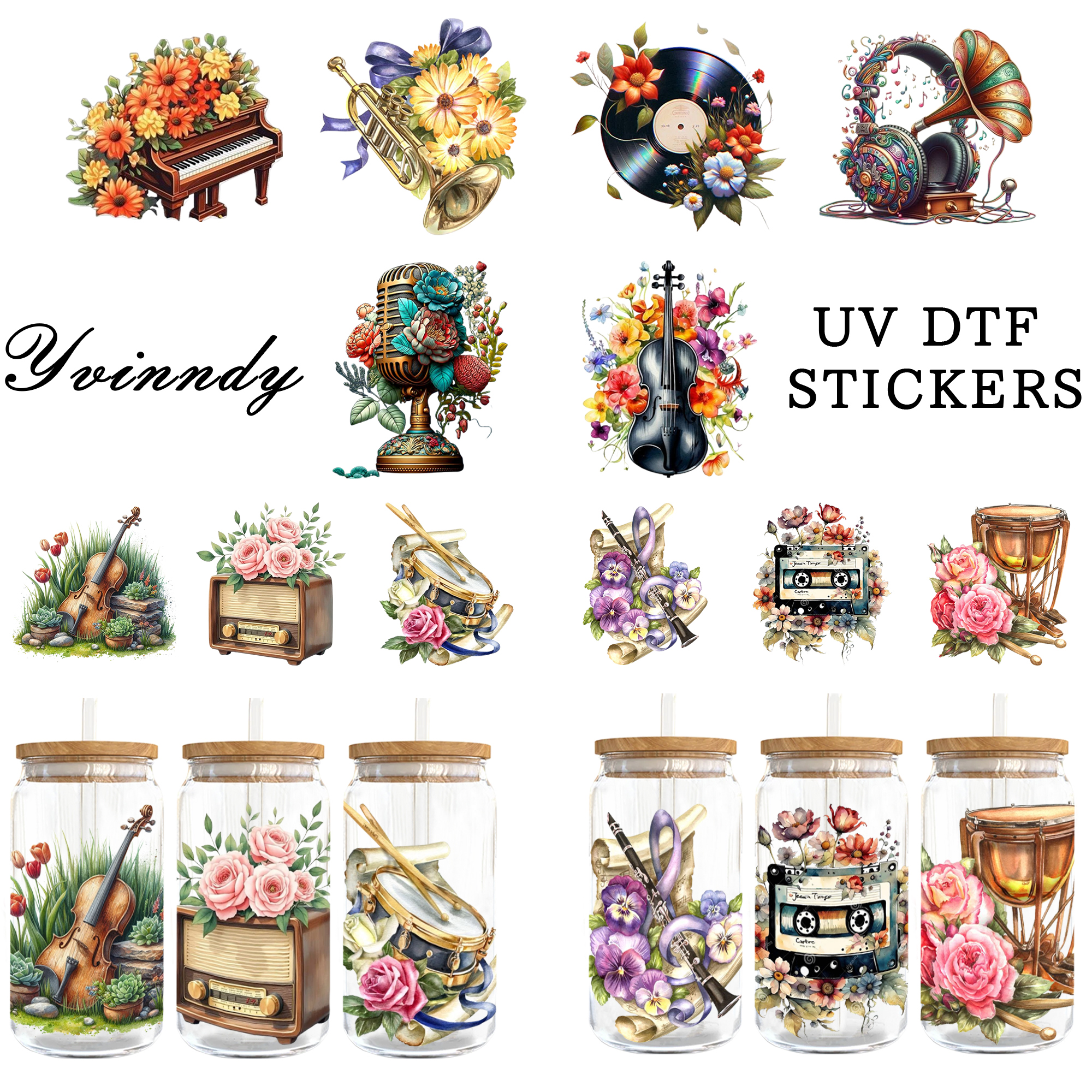 Musical Instrument Glass - 5Pcs/Set Vintage Musical Instruments and Flowers